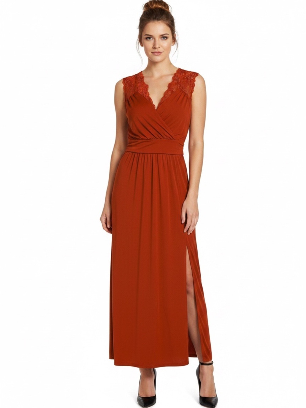 Women's Crisscross Lace Sleeve Maxi Dress Slit Side Zip Burgundy Size-XXL NIB